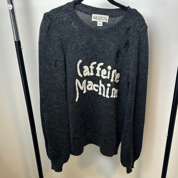 Wildfox Dark Gray Knit Wool Blend Distressed Sweater Caffeine Machine Size Small - Picture 2 of 9